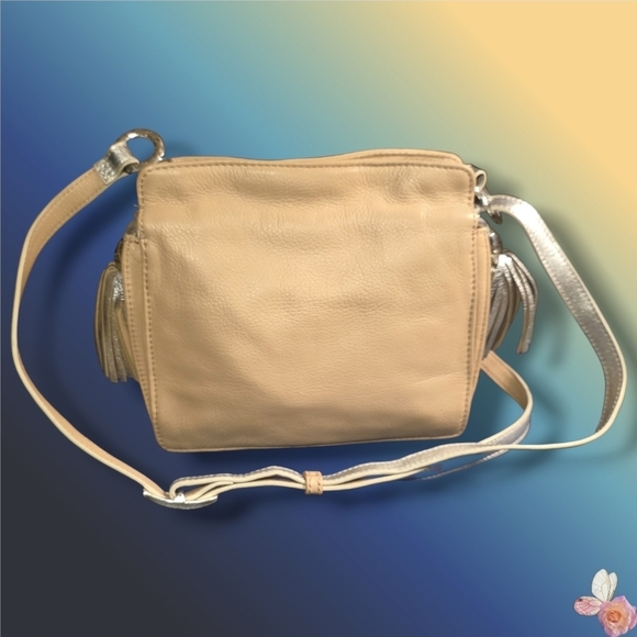 Vintage Brighton Leather Crossbody Bag Beige Silver Tassel Purse